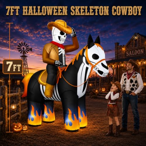 Inflatable Skeleton Cowboy Yard Display with Bright LEDs Flame