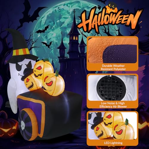 Halloween Inflatable Cute Ghost with Pumpkin Cart and Witch Hat