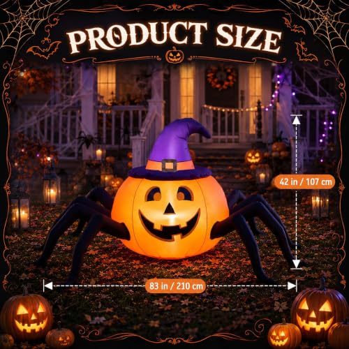 Lighted Halloween Inflatable Pumpkin Spider with Witch Hat