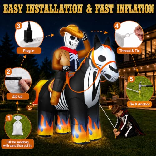 Inflatable Skeleton Cowboy Yard Display with Bright LEDs Flame