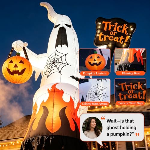 Inflatable Ghost Yard Display with Treat Sign and Pumpkin Lantern