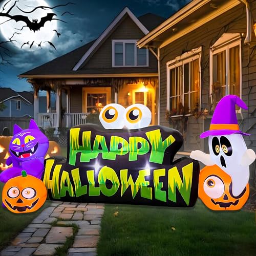 Lighted Halloween Inflatable Ghost Pumpkin Eyeballs Cat Banner