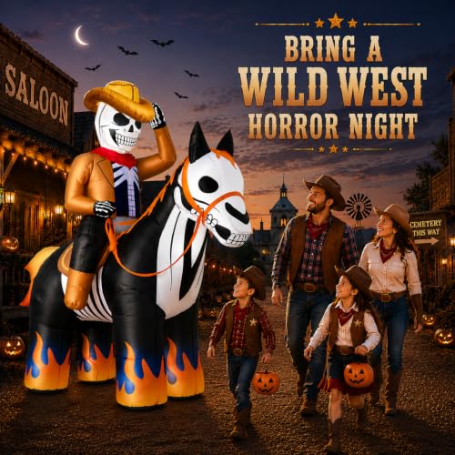 Inflatable Skeleton Cowboy Yard Display with Bright LEDs Flame