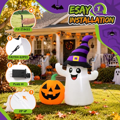 Halloween Inflatable Ghost with Lighted Pumpkin Yard Decoration