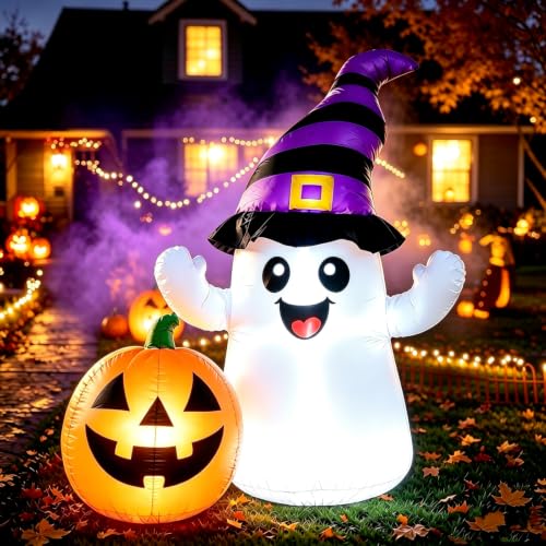 Halloween Inflatable Ghost with Lighted Pumpkin Yard Decoration