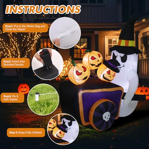 Halloween Inflatable Cute Ghost with Pumpkin Cart and Witch Hat