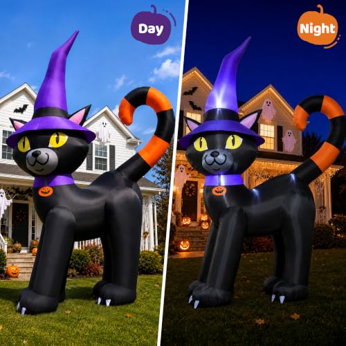 Outdoor Halloween Inflatable Black Cat with Witch Hat Display