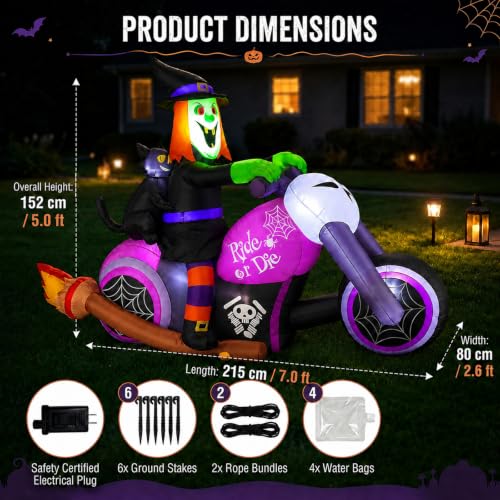 Inflatable Witch on Motorcycle Decor with Black Cat