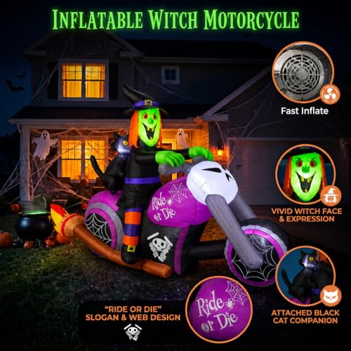 Inflatable Witch on Motorcycle Decor with Black Cat
