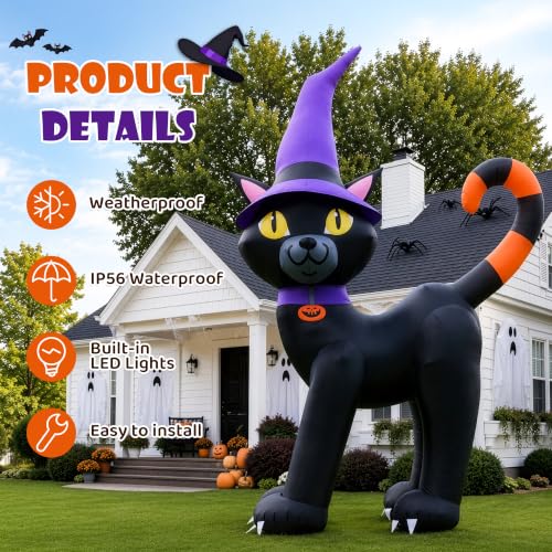 Outdoor Halloween Inflatable Black Cat with Witch Hat Display