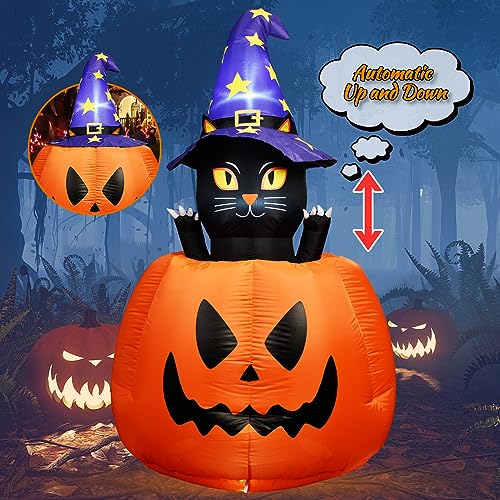 Halloween Inflatable Animated Witch Cat in Pumpkin with LEDs
