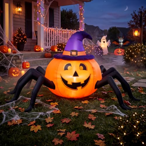 Lighted Halloween Inflatable Pumpkin Spider with Witch Hat