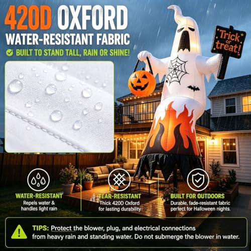 Inflatable Ghost Yard Display with Treat Sign and Pumpkin Lantern