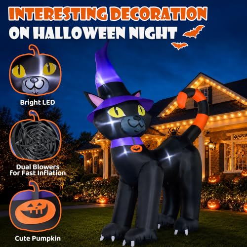 Outdoor Halloween Inflatable Black Cat with Witch Hat Display