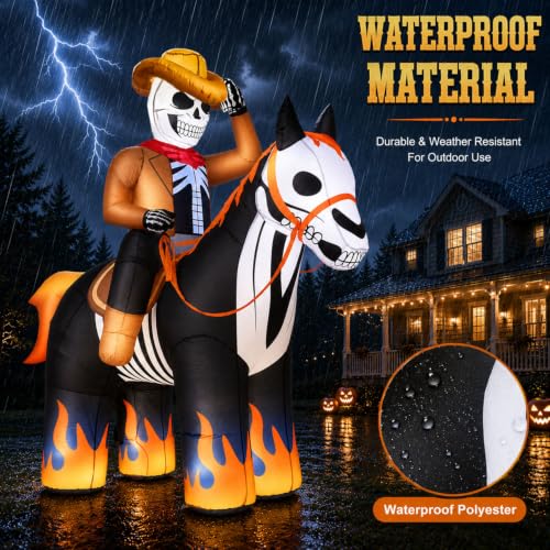 Inflatable Skeleton Cowboy Yard Display with Bright LEDs Flame