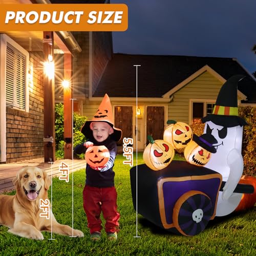 Halloween Inflatable Cute Ghost with Pumpkin Cart and Witch Hat
