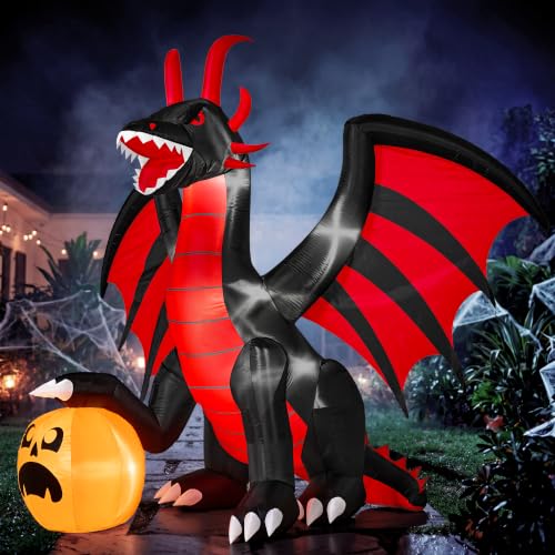 Halloween Inflatable Fire Dragon with Animated Mouth and Pumpkin Decoration