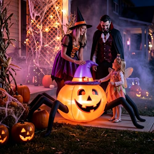 Lighted Halloween Inflatable Pumpkin Spider with Witch Hat