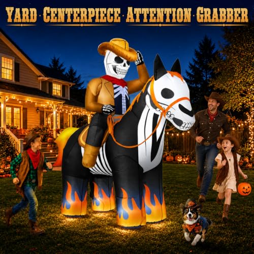 Inflatable Skeleton Cowboy Yard Display with Bright LEDs Flame