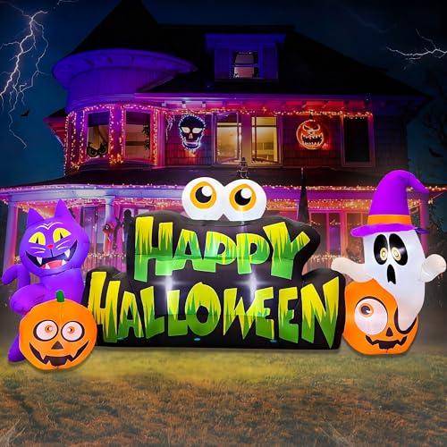 Lighted Halloween Inflatable Ghost Pumpkin Eyeballs Cat Banner