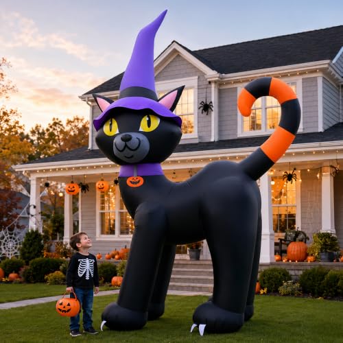 Outdoor Halloween Inflatable Black Cat with Witch Hat Display