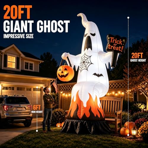 Inflatable Ghost Yard Display with Treat Sign and Pumpkin Lantern