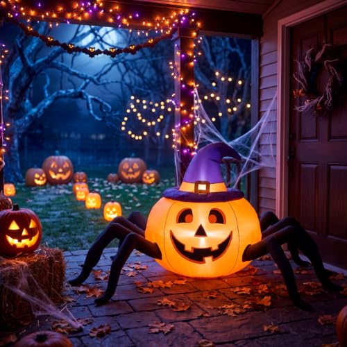 Lighted Halloween Inflatable Pumpkin Spider with Witch Hat