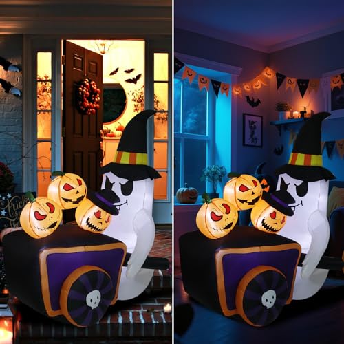 Halloween Inflatable Cute Ghost with Pumpkin Cart and Witch Hat