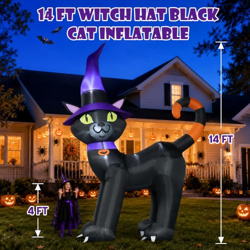 Outdoor Halloween Inflatable Black Cat with Witch Hat Display