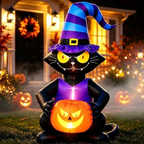 Halloween Inflatable Black Cat Lighted Yard Decoration Witch Hat