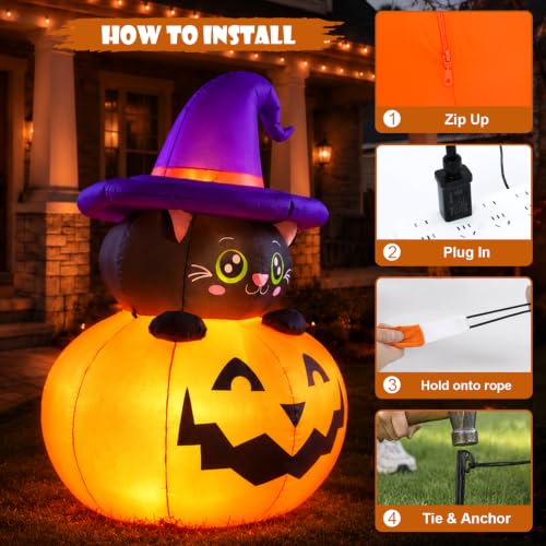 Halloween Inflatable Pumpkin Outdoor Decorations with Black Cat