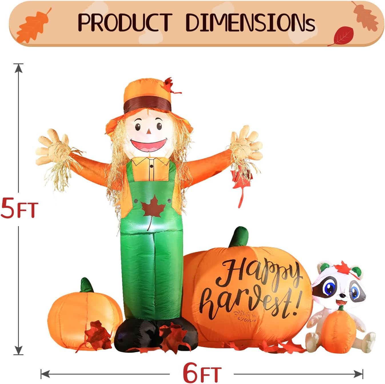 6ft Tall LED Lighted Inflatable Scarecrow and Pumpkin – Halloween Thanksgiving Fall Yard Decoration with Built-in Lights – Outdoor Blow Up Decor for Lawn, Garden, Party