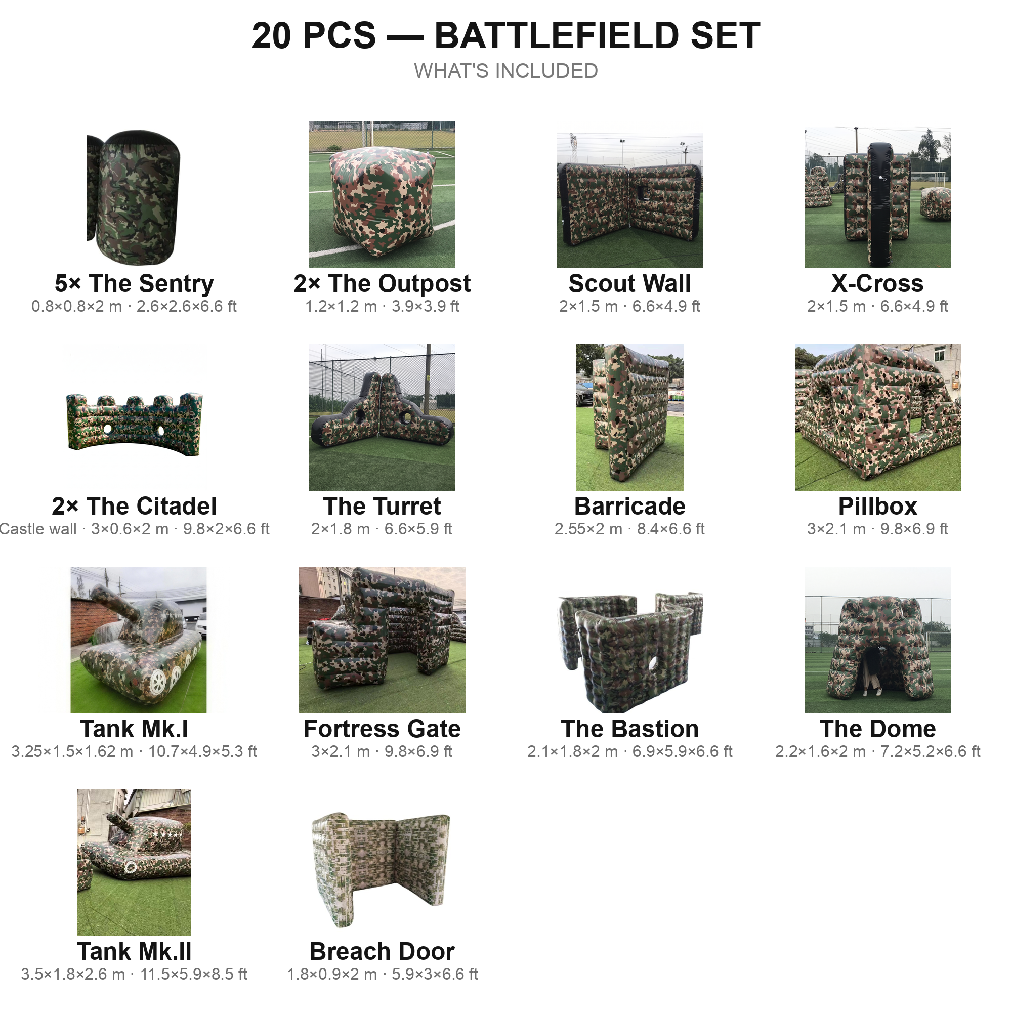 20 pcs Battlefield Set contents — camo airsoft bunkers