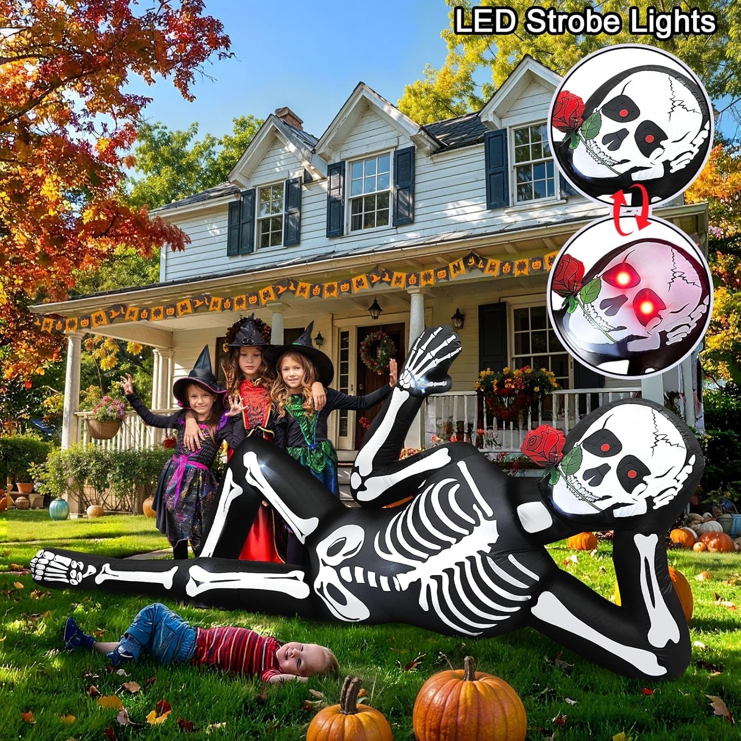 10FT Halloween Inflatables Skeleton Outdoor Decorations, Giant Lying Inflatable Skeletons with Glowing Red Eyes, Scary Halloween Blow Ups Yard Decorations for outside Lawn, Garden, Roof