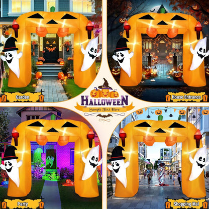 9FT Giant Halloween Inflatable Pumpkin Arch with Ghost Outdoor Decoration,Halloween Blow Up Archway with Tombstones and Around Cauldron Built-in LED Lights Yard Decorations Parties