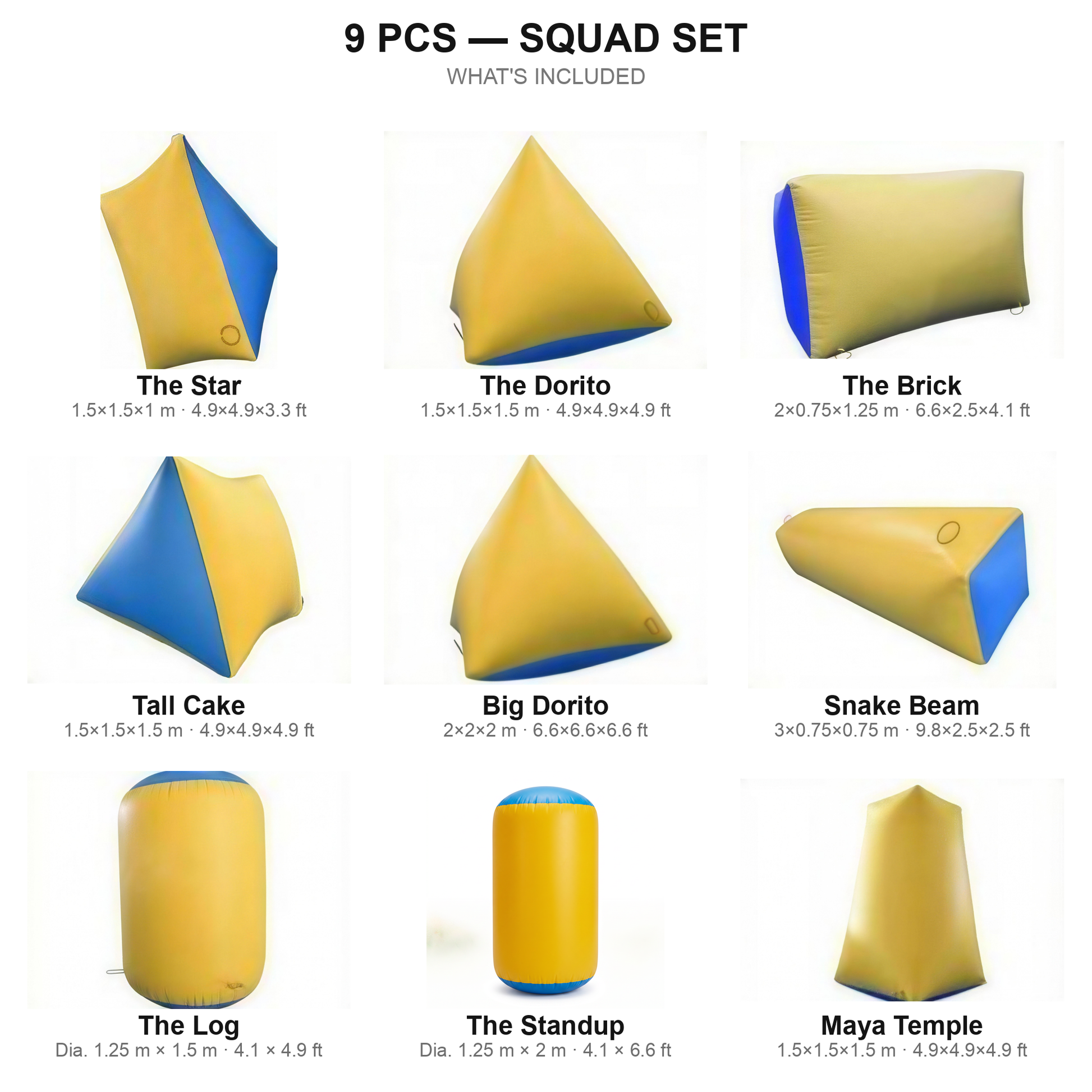 9 pcs Squad Set contents — yellow paintball bunkers