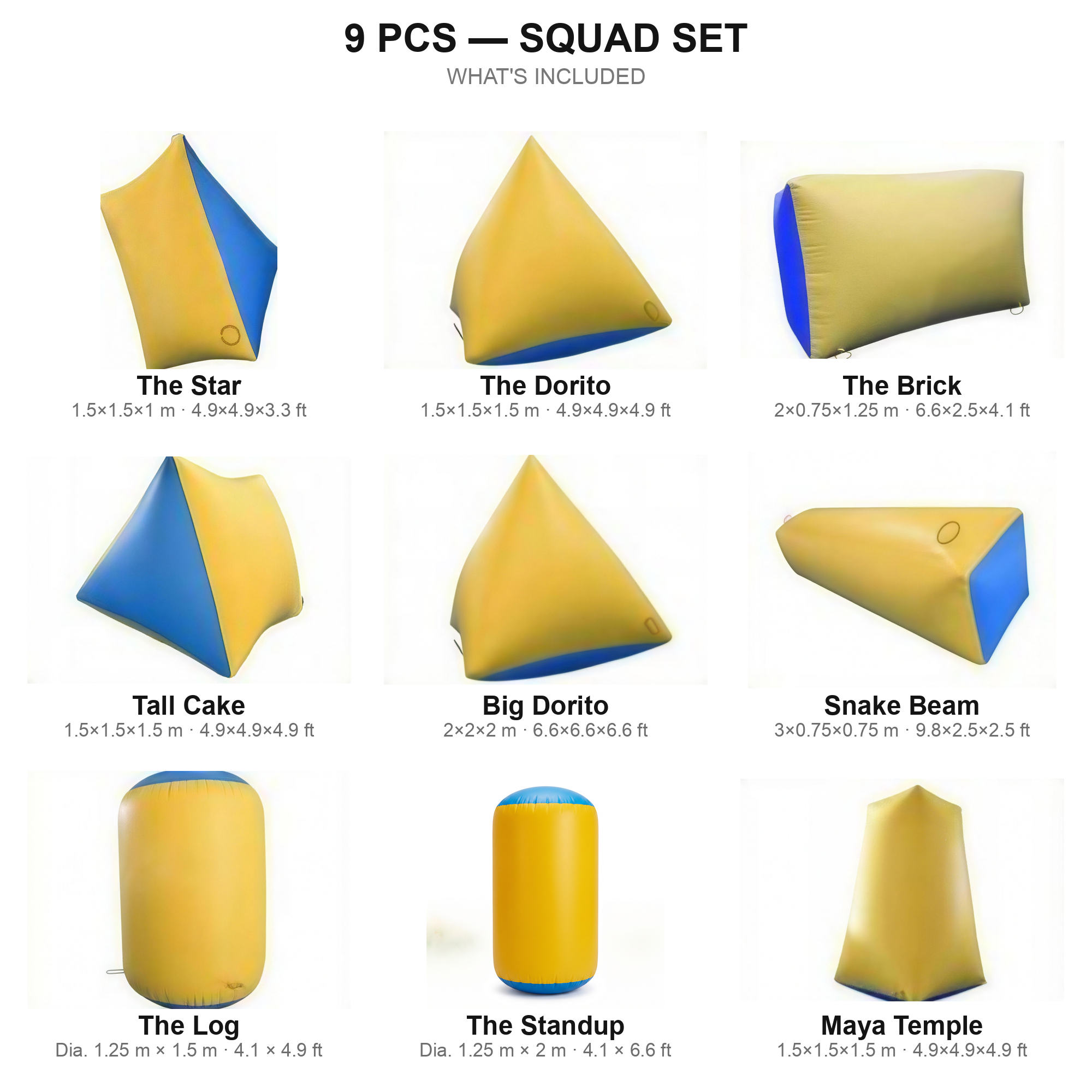 9 pcs Squad Set contents — yellow paintball bunkers