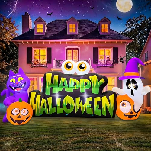 Lighted Halloween Inflatable Ghost Pumpkin Eyeballs Cat Banner