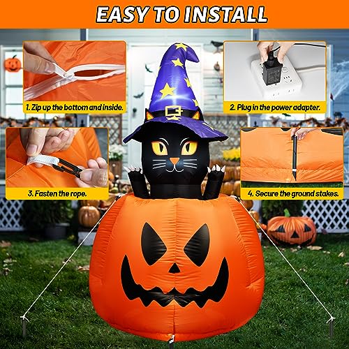Halloween Inflatable Animated Witch Cat in Pumpkin with LEDs