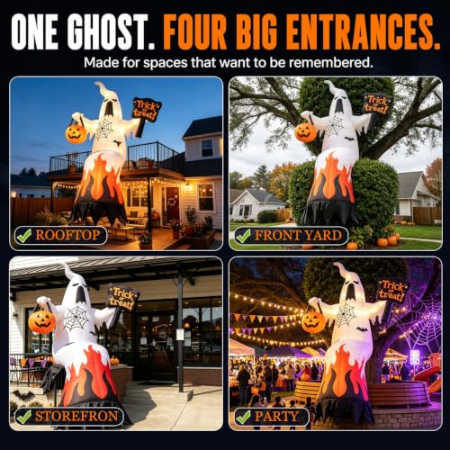 Inflatable Ghost Yard Display with Treat Sign and Pumpkin Lantern