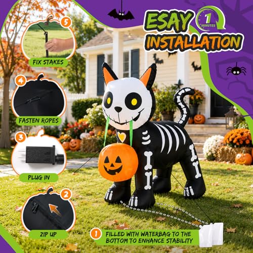 5FT Halloween Inflatables Cute Skeleton Cat Yard Decorations