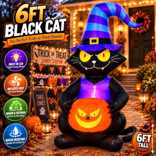 Halloween Inflatable Black Cat Lighted Yard Decoration Witch Hat