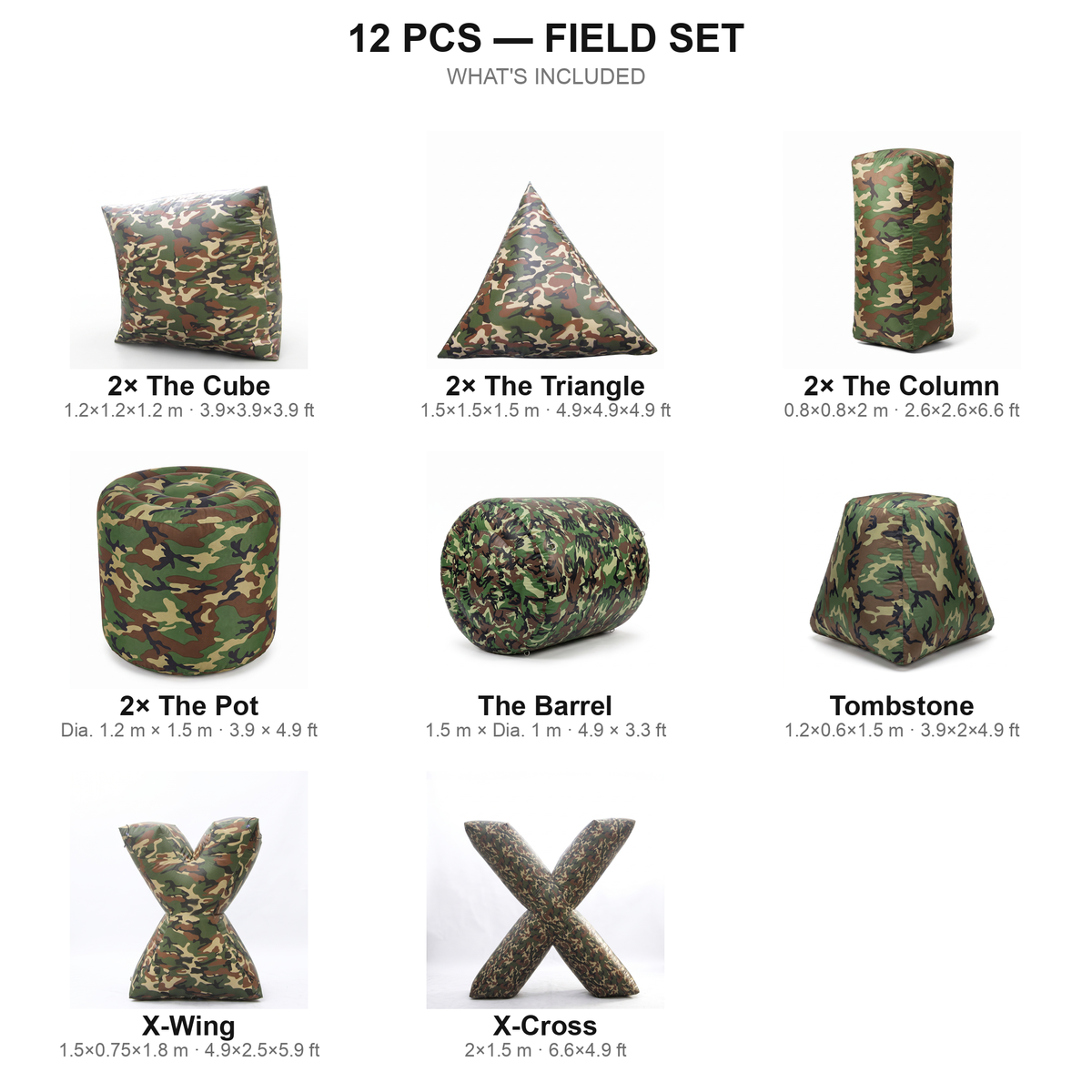 12 pcs Field Set contents — camo paintball bunkers