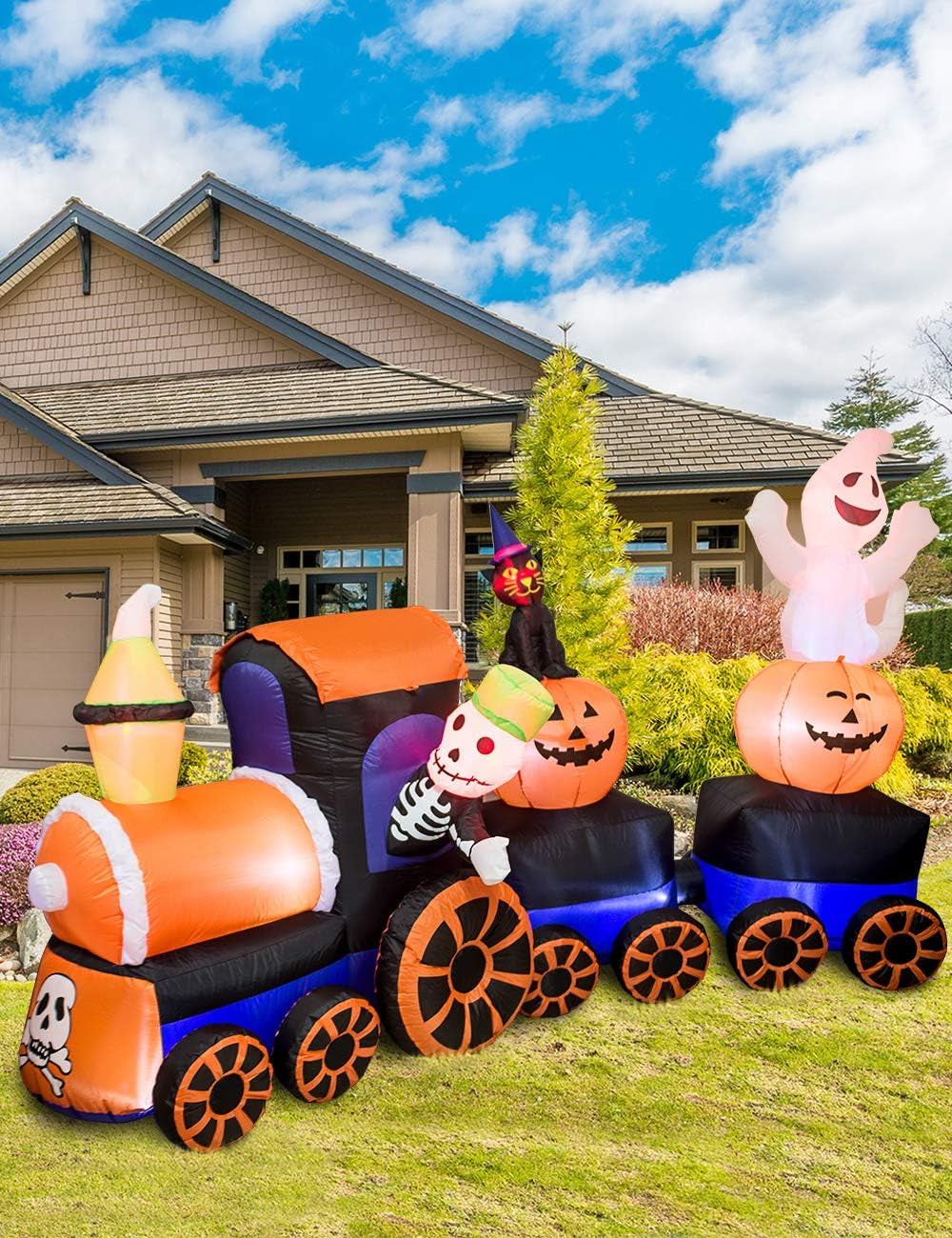 9 Feet Halloween Inflatable Train with Kittens White Ghosts/Pumpkin with LED Lights Blow up Lighted Yard Decor Giant Lawn Halloween Inflatable Home Garden Party Favor Decoration