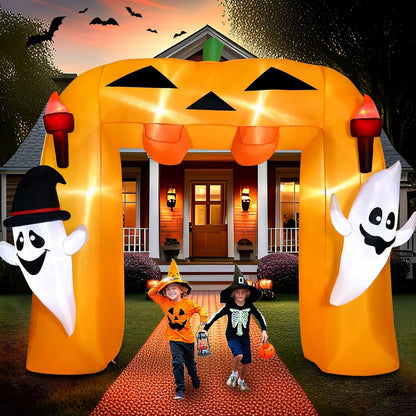 9FT Giant Halloween Inflatable Pumpkin Arch with Ghost Outdoor Decoration,Halloween Blow Up Archway with Tombstones and Around Cauldron Built-in LED Lights Yard Decorations Parties