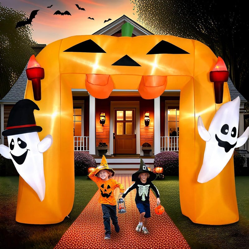 9FT Giant Halloween Inflatable Pumpkin Arch with Ghost Outdoor Decoration,Halloween Blow Up Archway with Tombstones and Around Cauldron Built-in LED Lights Yard Decorations Parties