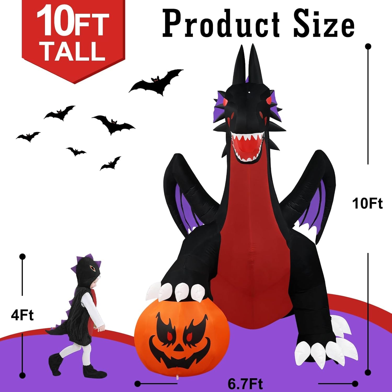 10Ft Tall Halloween Inflatables Giant Pumpkin Dragon Outdoor Decorations, Huge Blow up Pterosaur Yard Decor Build-In 17 Led Lights for outside Holiday Party Lawn Garden