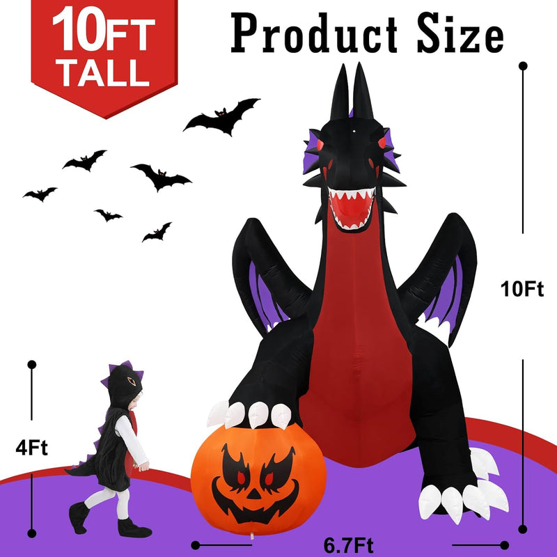 10Ft Tall Halloween Inflatables Giant Pumpkin Dragon Outdoor Decorations, Huge Blow up Pterosaur Yard Decor Build-In 17 Led Lights for outside Holiday Party Lawn Garden
