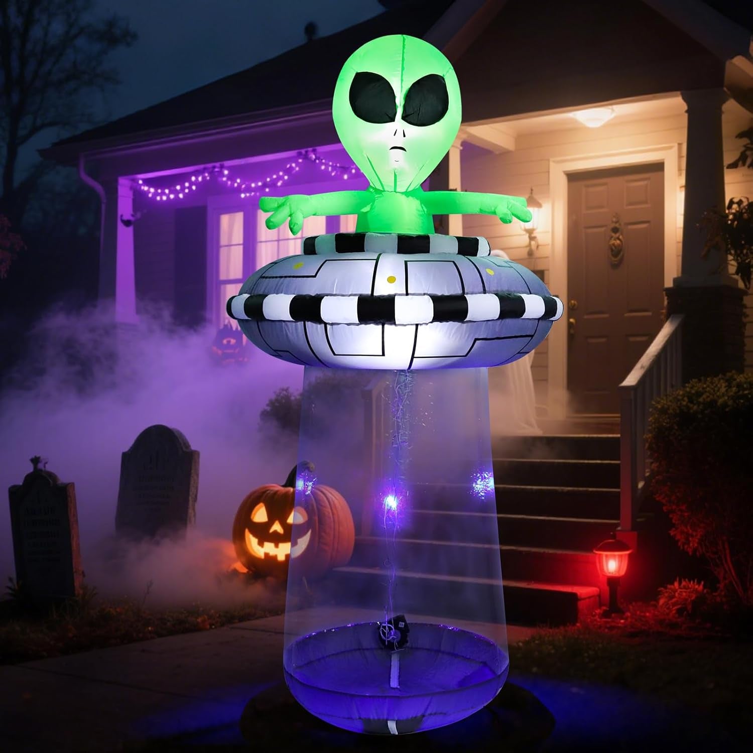 6FT Halloween Inflatable Alien with UFO Spaceship, Lighted Blow Up Outdoor Decoration with Spinning Lights, Giant Green Alien Prop for Lawn, Yard, Party, Haunted House