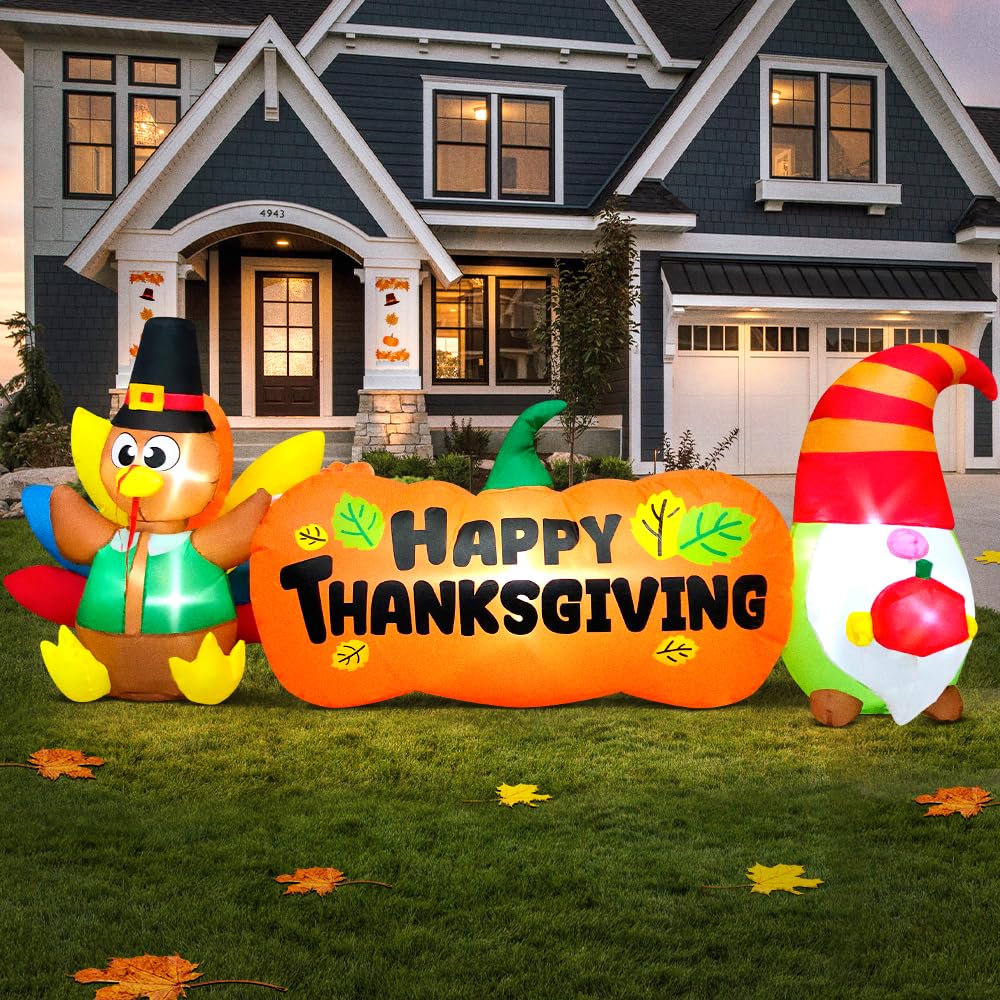 Inflatable Thanksgiving Yard Decoration with Turkey Pumpkin Gnome Theme